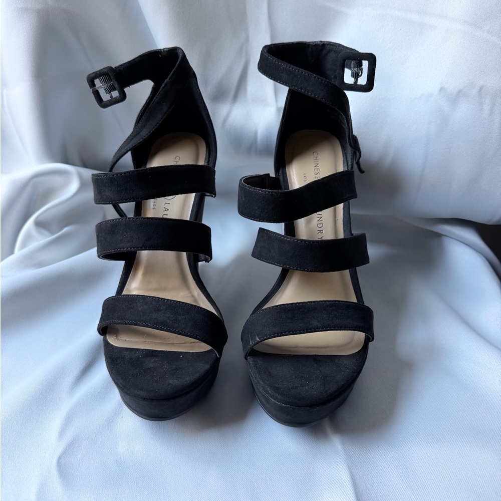 Chinese Laundry Black Strappy Wedge Sandals